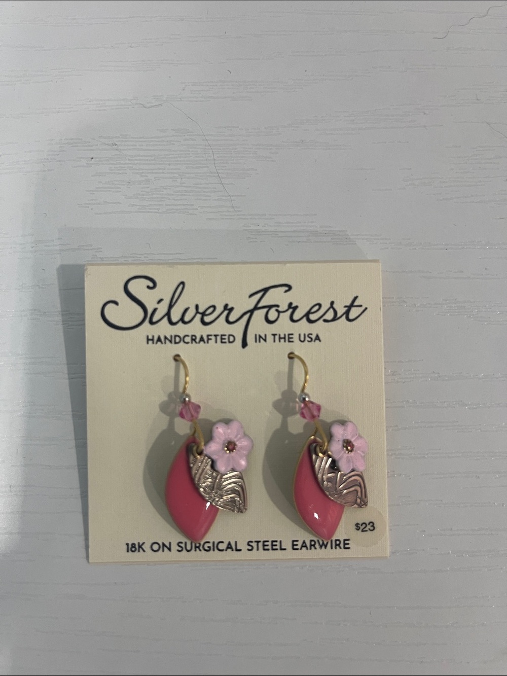 Silver Forest Pink Teardrop Floral Earrings with Gold Accents